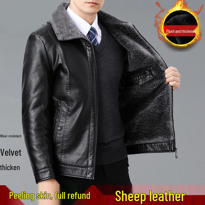 Men's Shearling Leather Jacket with Fleece Lining for Middle-Aged and Elderly Dads