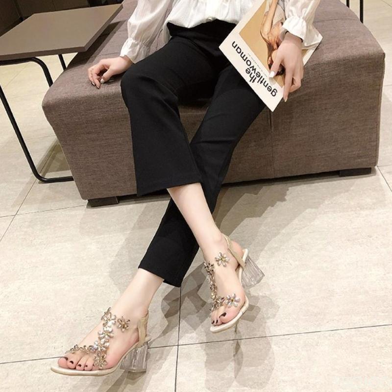 Mode Sommer Damen Sandalen Pvc Kristall Blume Dekoration Blockabsatz Fersenriemen Elastisch Peeptoe Damen Band Elegant Mode Schuhe