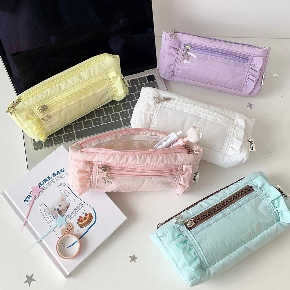 Star Zipper Ruffled Pencil Case Ruffled Edge Pencil Pouch Korean Ruffled Stationery Bag Student