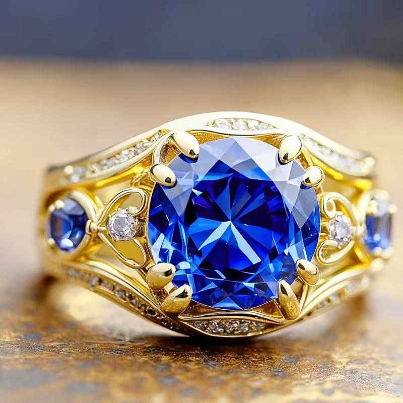 European and American New Fashion Retro Flower Shape Blue Zircon Inlaid Personalized Women's Ring