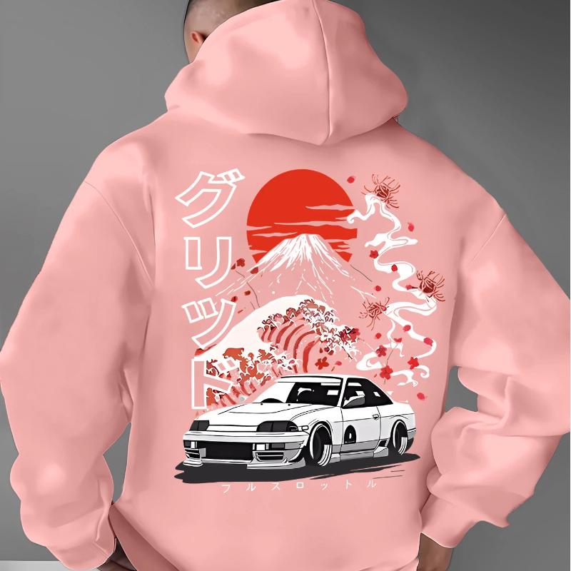A Men'S Casual Stylish Japanese-Inspired Hoodie Featuring Mountain And Freedom Elements, Long-Sleeved Pullover, Regular Fit.