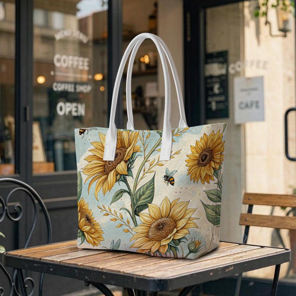 Sunflower Bee Print Tote Bag Fashion Casual Portable Daily Outdoor Women's Shoulder Bag