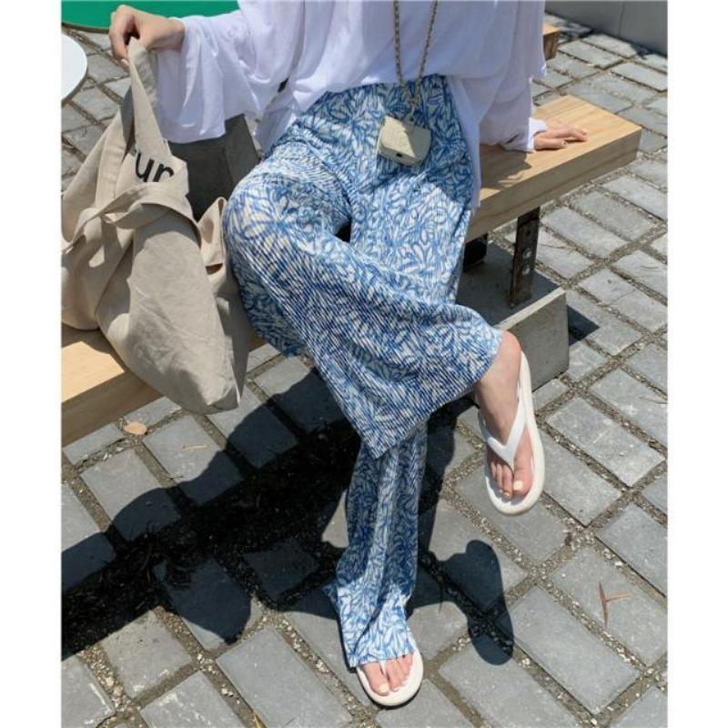 Summer  Women's Clothing Vintage Print Pleated Wide-leg Pants Female Casual High Waist Loose Straight Trousers Pantaloness