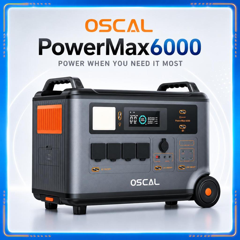 Oscal PowerMax6000 Power Station, 3600Wh LiFePO4 Batterij, 14 Stopcontacten, Dubbele Spanning Uitgang, APP Bediening, Betere Mobiliteit & BMS