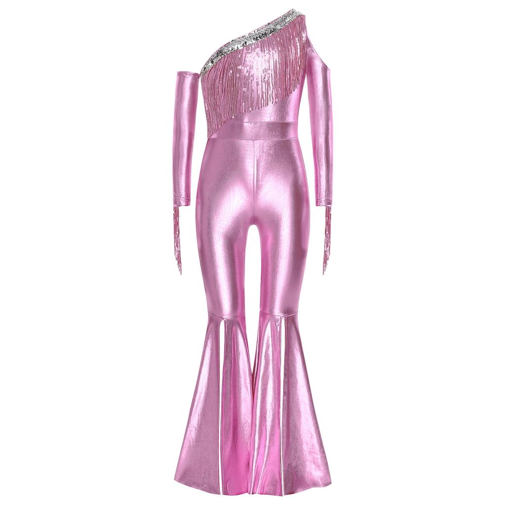Flickor Metallisk Glänsande Tävlingsdräkt Off Shoulder Långärmad Paljett Tofs Design Klockben Delade Ben Jumpsuit