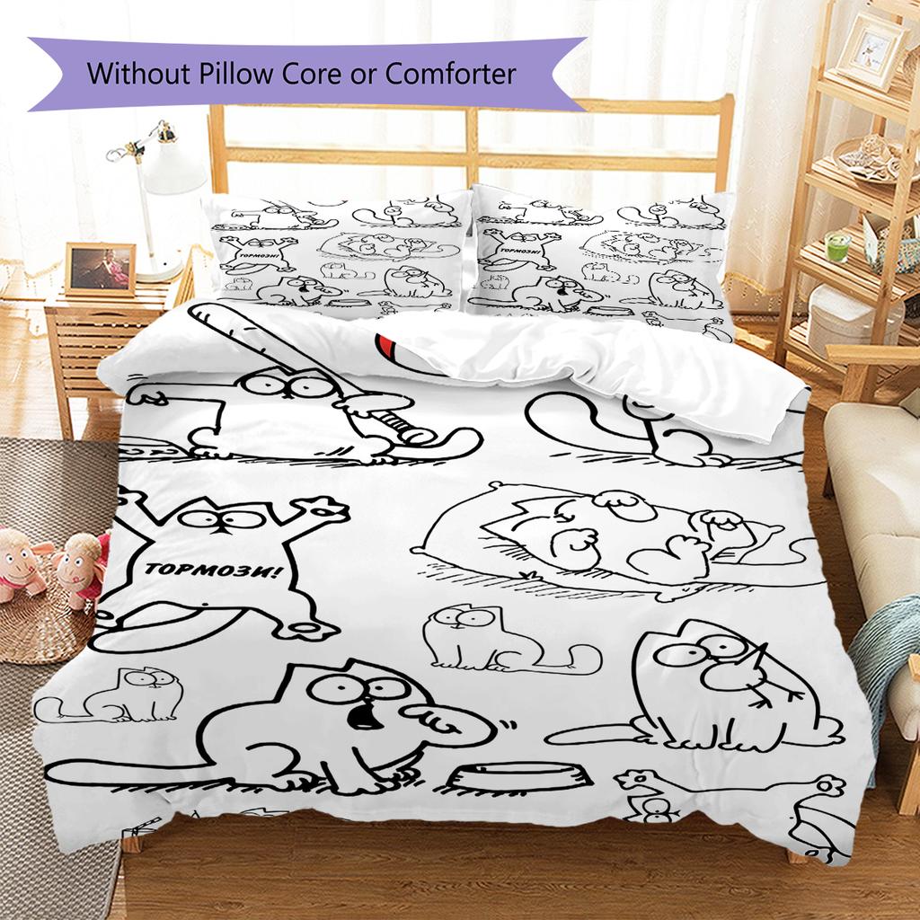 Simon's Cat Muster Bettwäsche, Steppbett Set Bettbezug Kissenbezug Zuhause Geburtstagsgeschenk (1 Bettbezug + 2 Kissenbezüge, ohne Füllung)