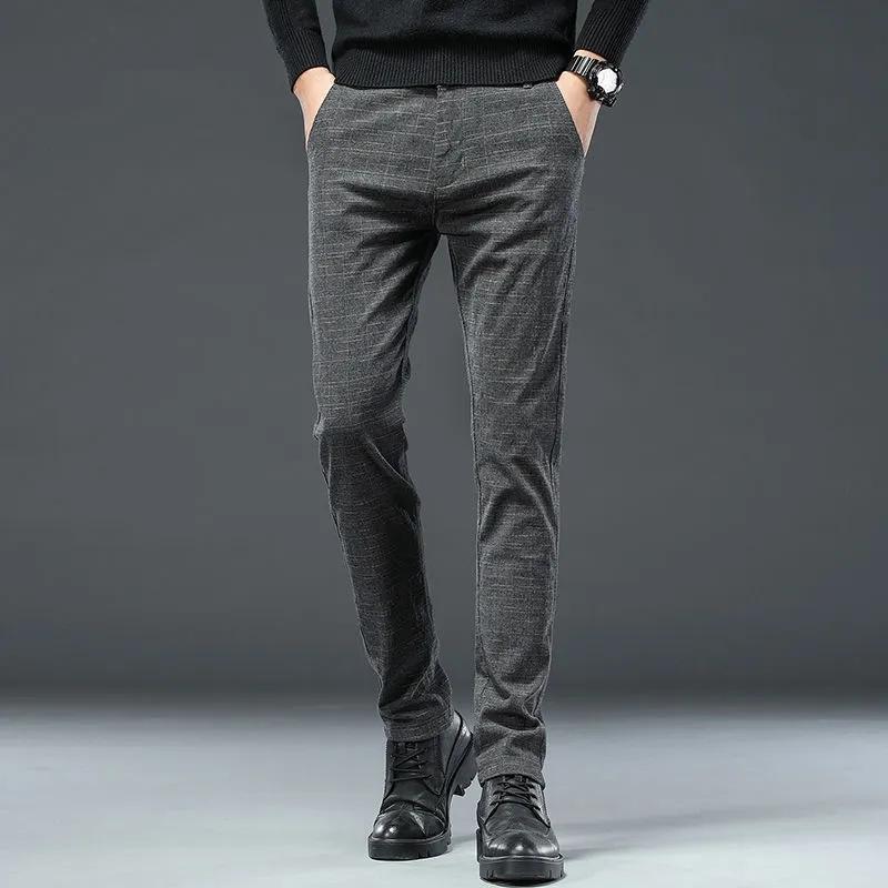 Pánské ležérní bavlněné plátěné kalhoty business kostkované kalhoty rovné tenké dlouhé kalhoty kancelářské kalhoty na jaro a podzim