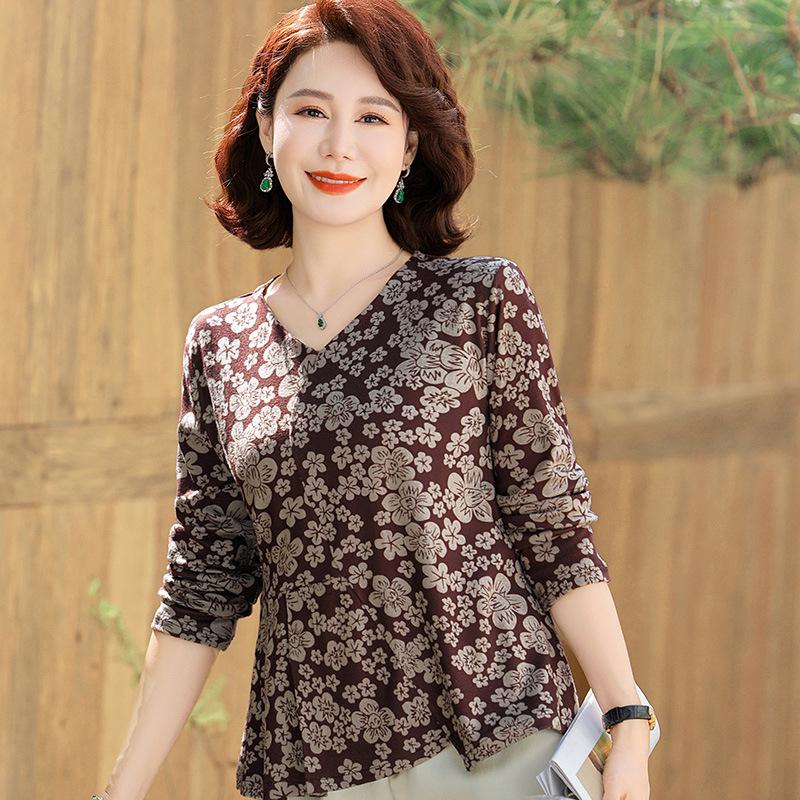 Fashionable Floral V-Neck Blouse for Middle-aged Women - Long-Sleeved Spring Top