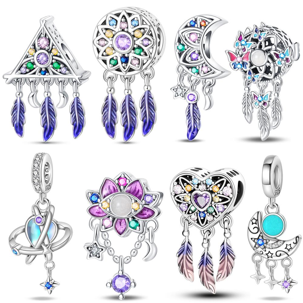 Graceful copper Stars Moon Blue Feather Dream Catcher Dangle Charm Compatible With Authentic Bracelets Exquisite Gift Ideal For women