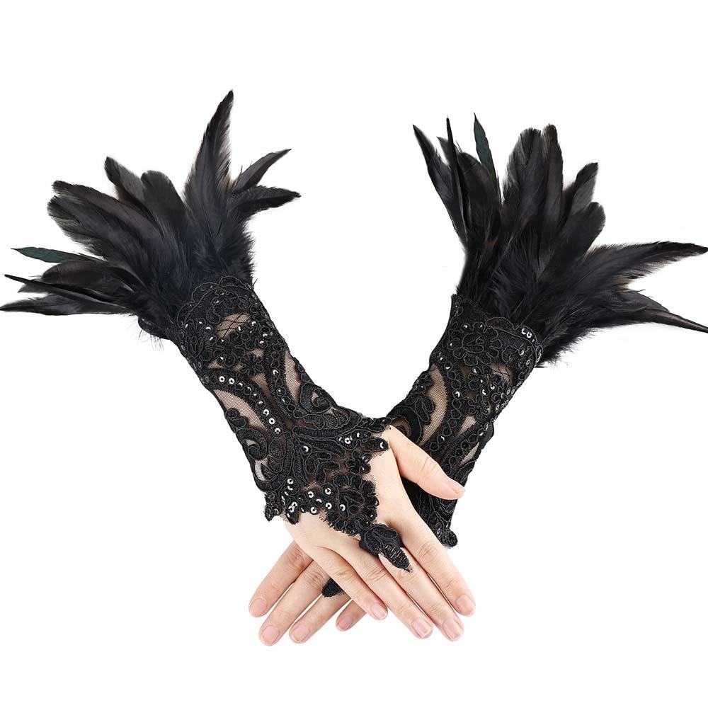 Retro Sequins Feather Lace Gloves Gothic Women Halloween Arm Sleeves Halloween Feather Gloves  Ball