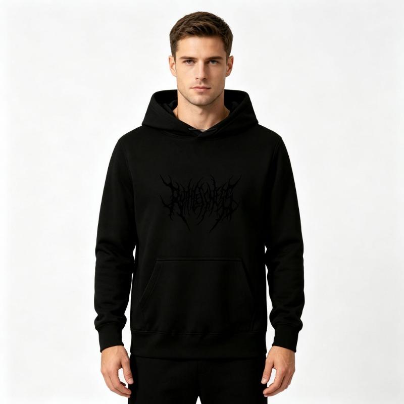 Men's Dark Death Metal Thorn White Ink Print Hoodie, Casual Loose Long Sleeve Hooded Sweatshirt, Hip Hop Streetwear Pullover Top For Autumn Winter