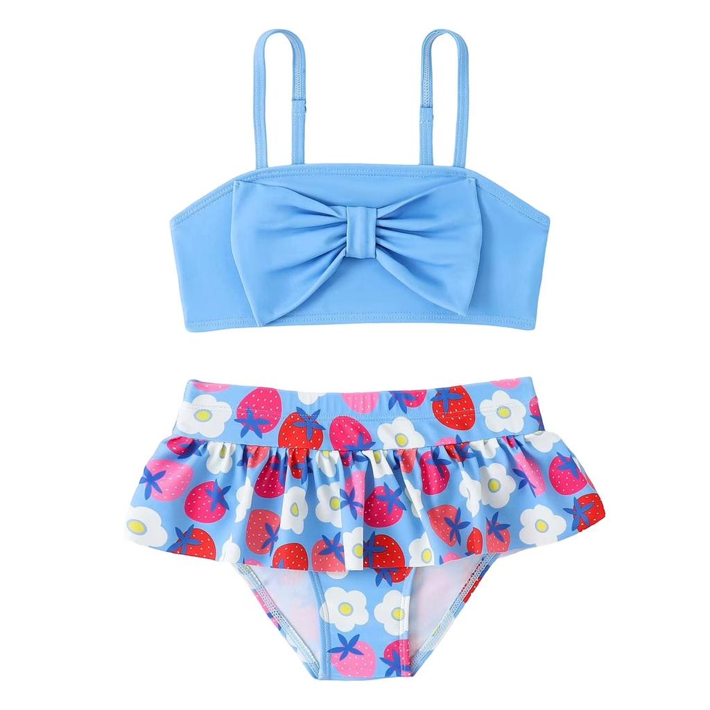 Girls Two Piece Swimsuit Set Tankini Top with Bow Detail Adjustable Straps and Ruffled Skirt Bottom Floral Print Swimwear