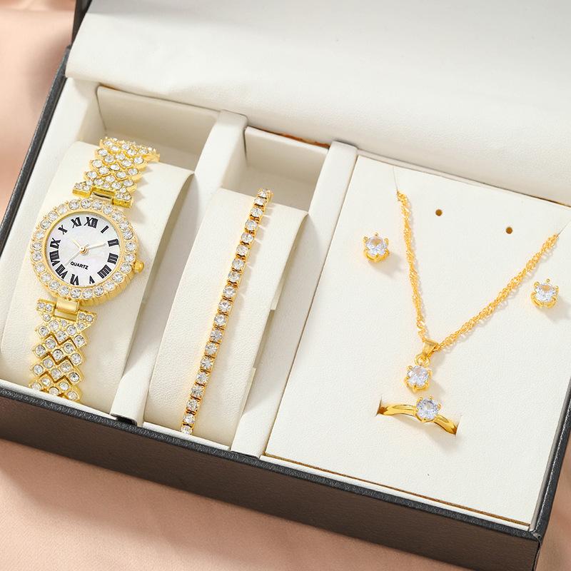 Women's Luxury Full Diamond Compact Five-piece Accessory Set Gift Box Versatile Quartz Wrist Watch