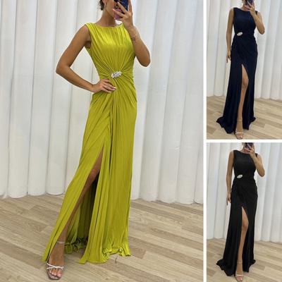 Dámske večerné šaty Skladaný štrbinový lem Dĺžka podlahy Jednofarebný kamienkový dekor Okrúhly výstrih bez rukávov Vysoký pás kamienkový dekor Prom Maxi šaty