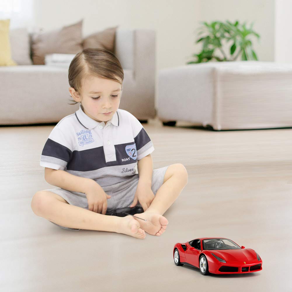 scale Ferrari 488 GTB car with illuminated headlights and red 114 radio-controlled taillights,