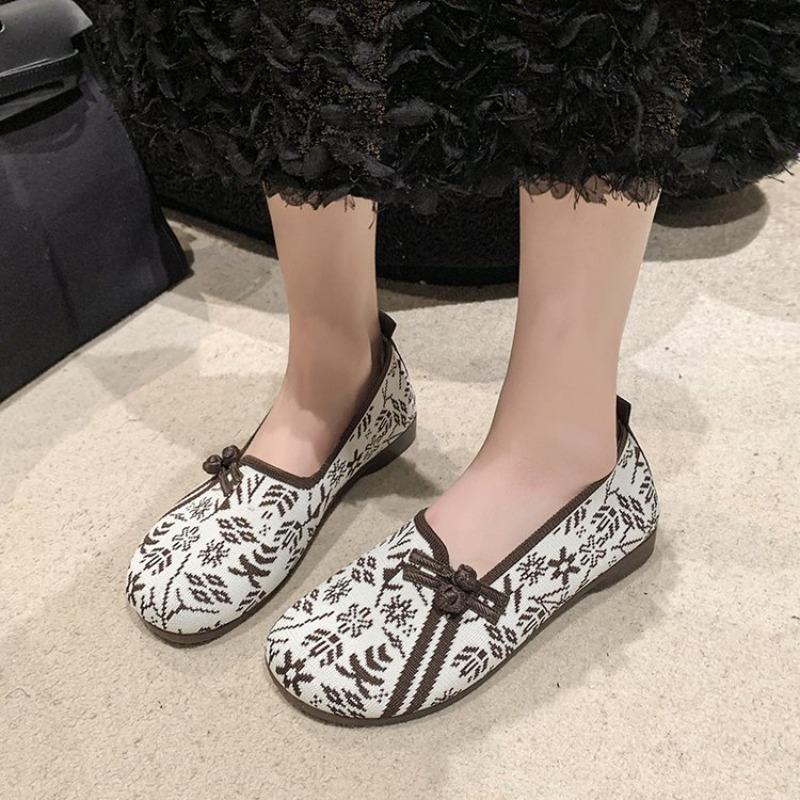 New Women's Ballet Flat Shoes Retro Chinese Women's Comfortable Soft Shoes Cotton Button Print