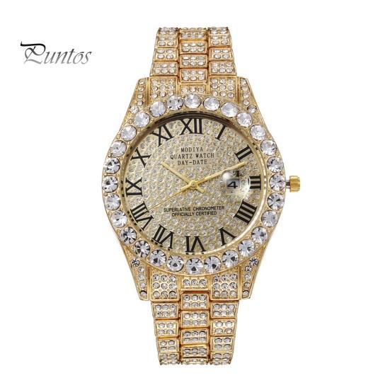 Rhinestone Men Watch Ladies Quartz Round Dial Alloy Decor Roman Umber Calendar Movement No Delay Time-checking High Accuracy Wristwatch Business