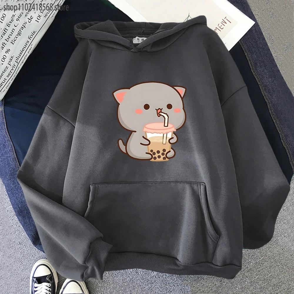 Peach Cat Love Boba Print Hoodies Bubble Tea Sweatshirt Girls Kawaii Cartoon Sudaderas Men's Tops Kawaii  Winter Clothes Women