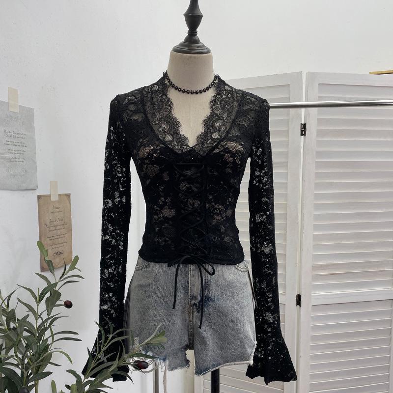 Women's Sexy V-neck Lace Shirt with Lace-up Bowknot and Hollow Long Sleeves