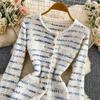 Autumn Winter Women Sweet Striped Knitted Sweater Two Piece Set Single Breasted Cardigans Tops and Mini Short Sheath Skirt Suit