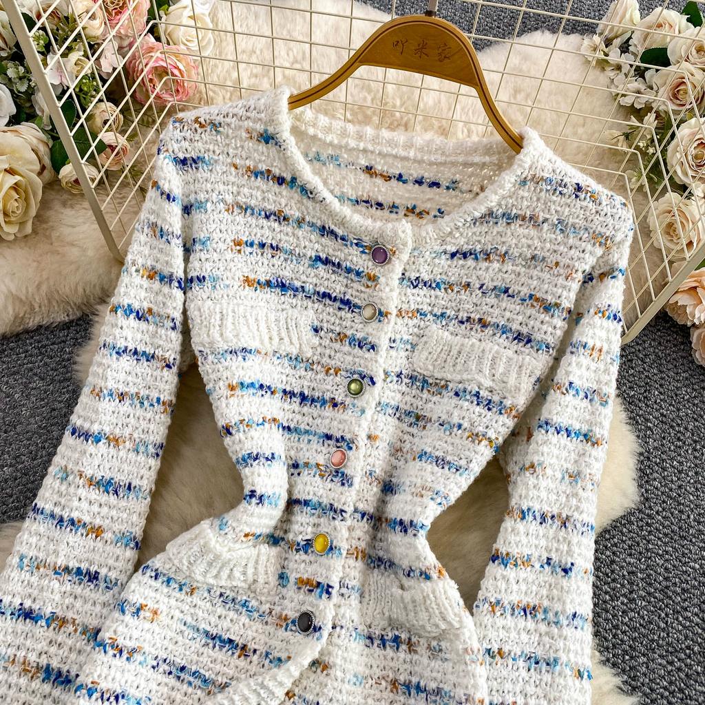 Autumn Winter Women Sweet Striped Knitted Sweater Two Piece Set Single Breasted Cardigans Tops and Mini Short Sheath Skirt Suit