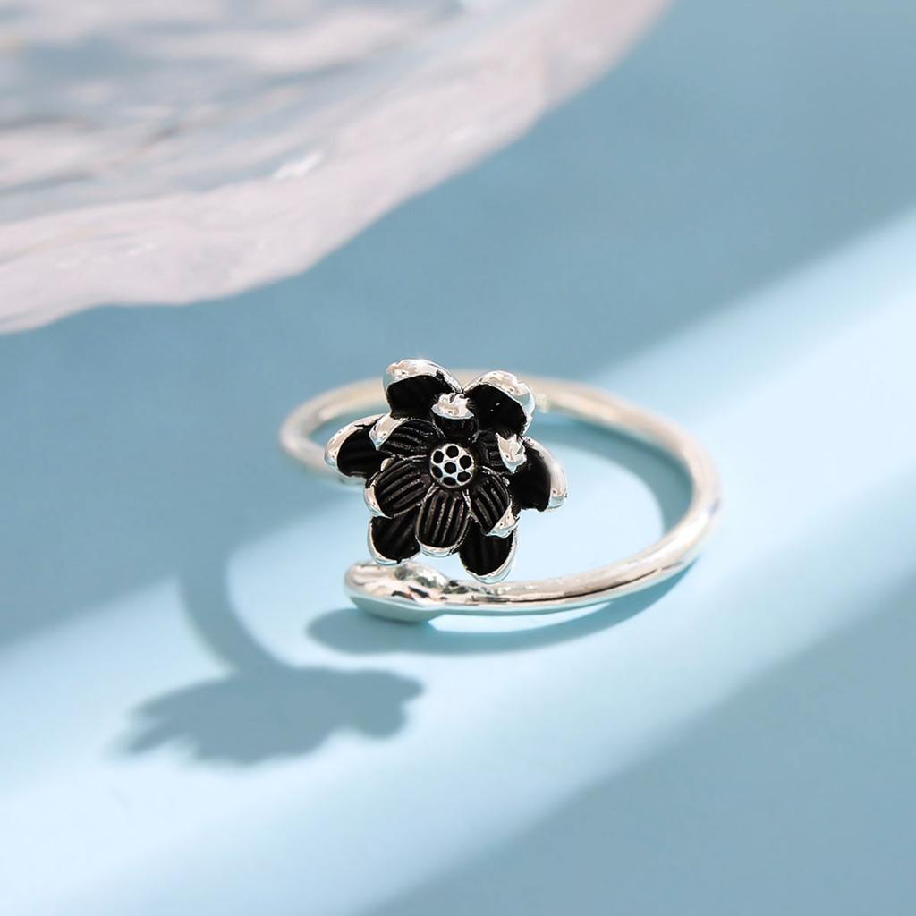 New Retro Lotus Simple Ethnic 925 Sterling Silver Jewelry Temperament Flower Lotus Opening Rings R107
