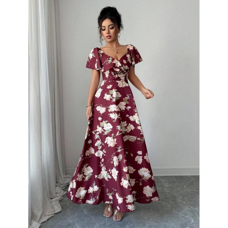 Europe, America 2026 Summer New Temperament Fashionable Ruffle Edge A Word Floral Elegant Dress Women