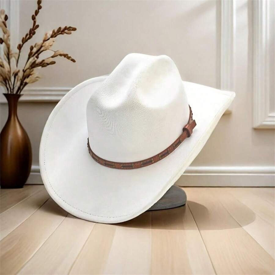 Retro Wool Felt Cowgirl Hat With Leather Belt Wide Brim Western Cap For Wedding Party