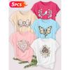 Five-piece set Elegant short-sleeved shirt for women Retro Butterfly and Mysterious Plant Series Printed Round Neck Women's Short Sleeve Shirt