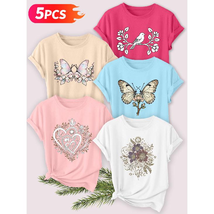 Five-piece set Elegant short-sleeved shirt for women Retro Butterfly and Mysterious Plant Series Printed Round Neck Women's Short Sleeve Shirt