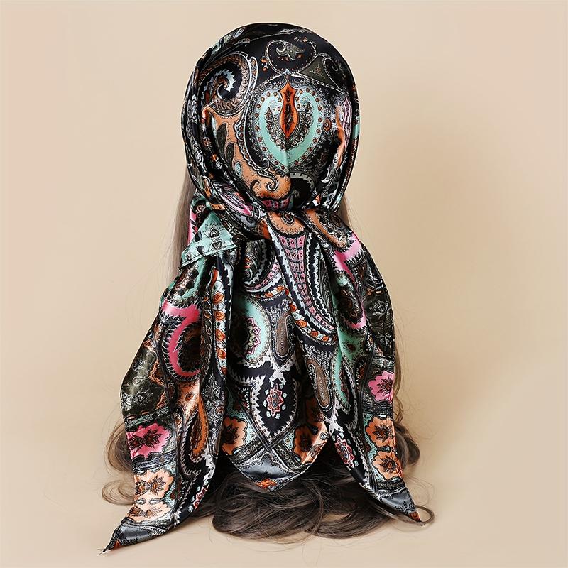New 90*90cm Retro Brand Women Silk Scarf Bandanna Fashion Bohemian Pattern Square Hijab Lady Wrap Headband Foulard Muffler