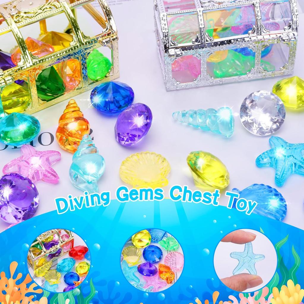 MGparty 24pcs Diving Gem Pool Toys Colorful Diamonds Set with Pirate Box Treasure Chest Summer Underwater Swimming Toys for Boys and Girls Pool Games