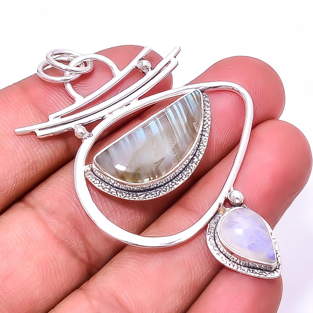 

Labradorite -Madagascar, Moonstone -India 925 Sterling Silver Pendant 2.34 P9
