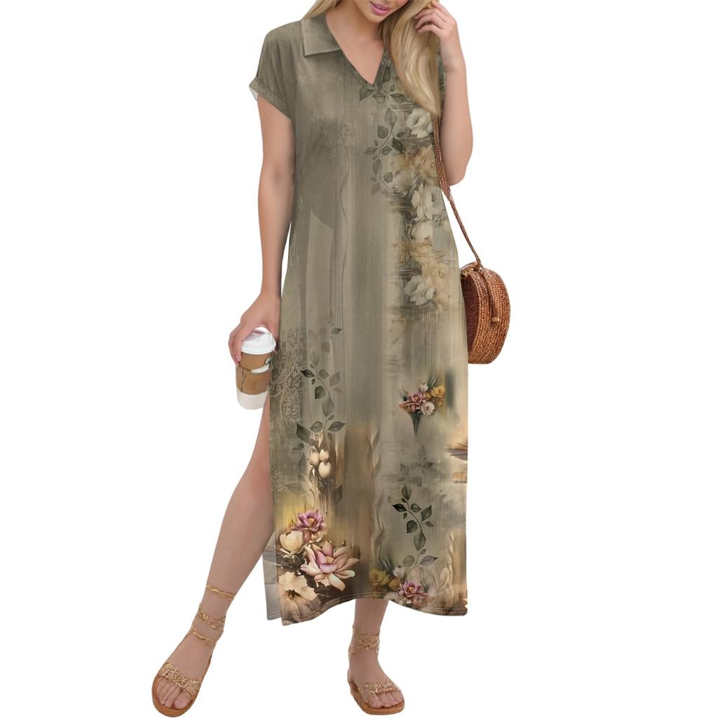 Damen Langer Rock Lässiges V-Ausschnitt Langes Hemdkleid Lockerer Schlitz Urlaub Kurzarmkleid