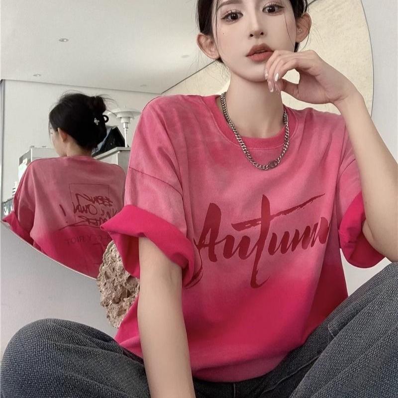 Women's Tie Dyed T-shirt Summer Fashion Short Sleeved Round Neck oversized y2k Tops pure cotton letters Clothing Women T-shirts