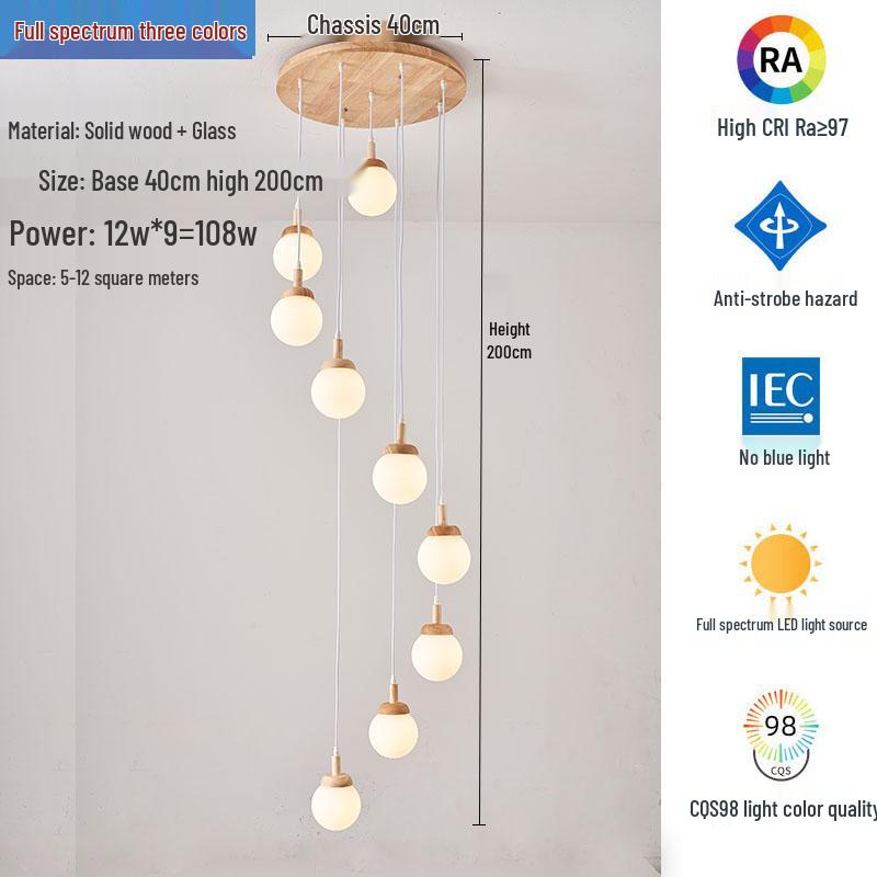 Nordic Solid Wood Spiral Staircase Chandelier for Dining Room and Mezzanine