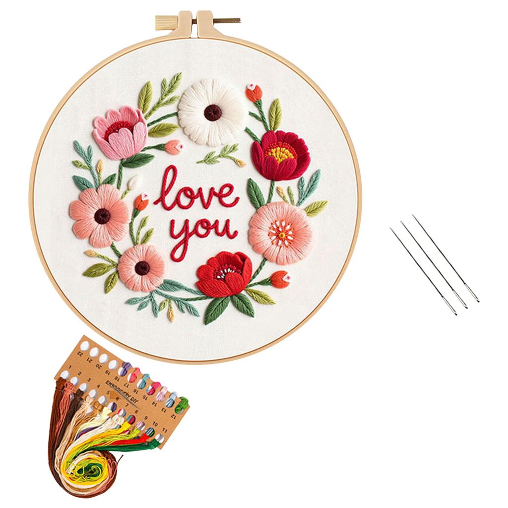Valentine's Day Floral Embroidery DIY Craft Kit (Suitable For Beginners), 20cm - - Embroidery Hoop (Not A Pre-made 30cm Fabric Embroidery Hoop)