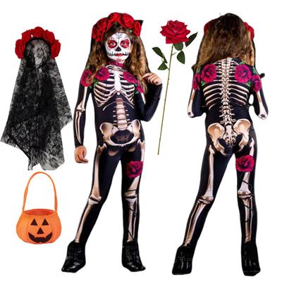 Fete schelet trandafir Copii Costum înfricoșător Halloween Cosplay Mireasă fantomă Salopetă Petrecere de carnaval Copii Salopete Haine copii