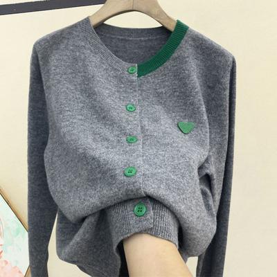 Women Fall Winter Knit Cardigan Single-breasted Round Neck Color Matching Elastic Long Sleeve