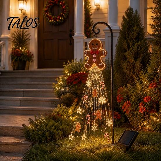 Outdoor Gingerbread Man Lights Solar Garden Light, Waterproof Yard Light with Warm Christmas Stakes Waterfall LED, Pathway Stake Lamp for Lawn