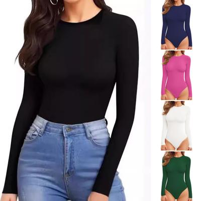 Langärmliger Body für Damen Lässig Bauchkontrolle Rundhals Oberteile Herbst Dehnbar Basic Slim Fit Body Oberteile