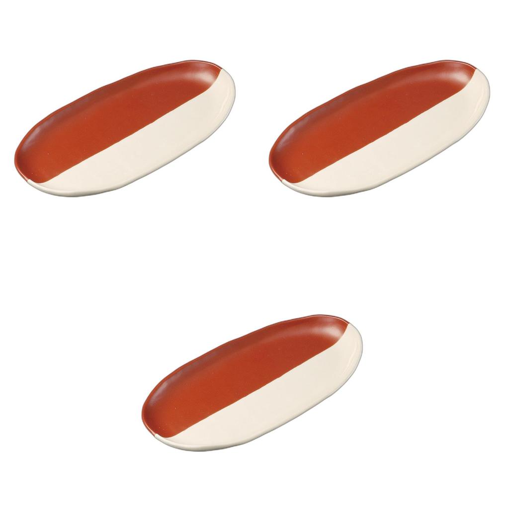 Set of 3 Oval Pottery Plates x x Pottery Setomonohonpo Red-lacquered [25.6 12.9 2.1 cm] Plates, Ceramic,