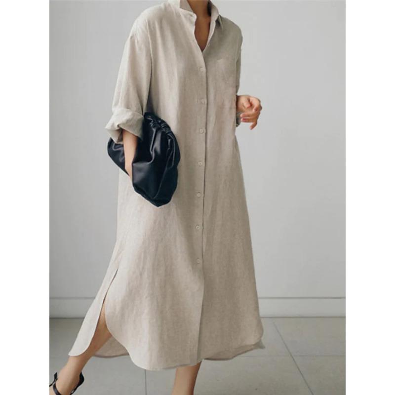 Robe Chemise Longue Décontractée Irrégulière à Manches Longues de Couleur Unie pour Femme