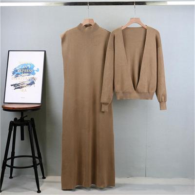 Abito Lungo Lavorato a Maglia Senza Maniche alla Moda da Donna per Primavera e Autunno Abbinato a Completo a Due Pezzi Camicia con Scollo Profondo a V a Maniche Lunghe