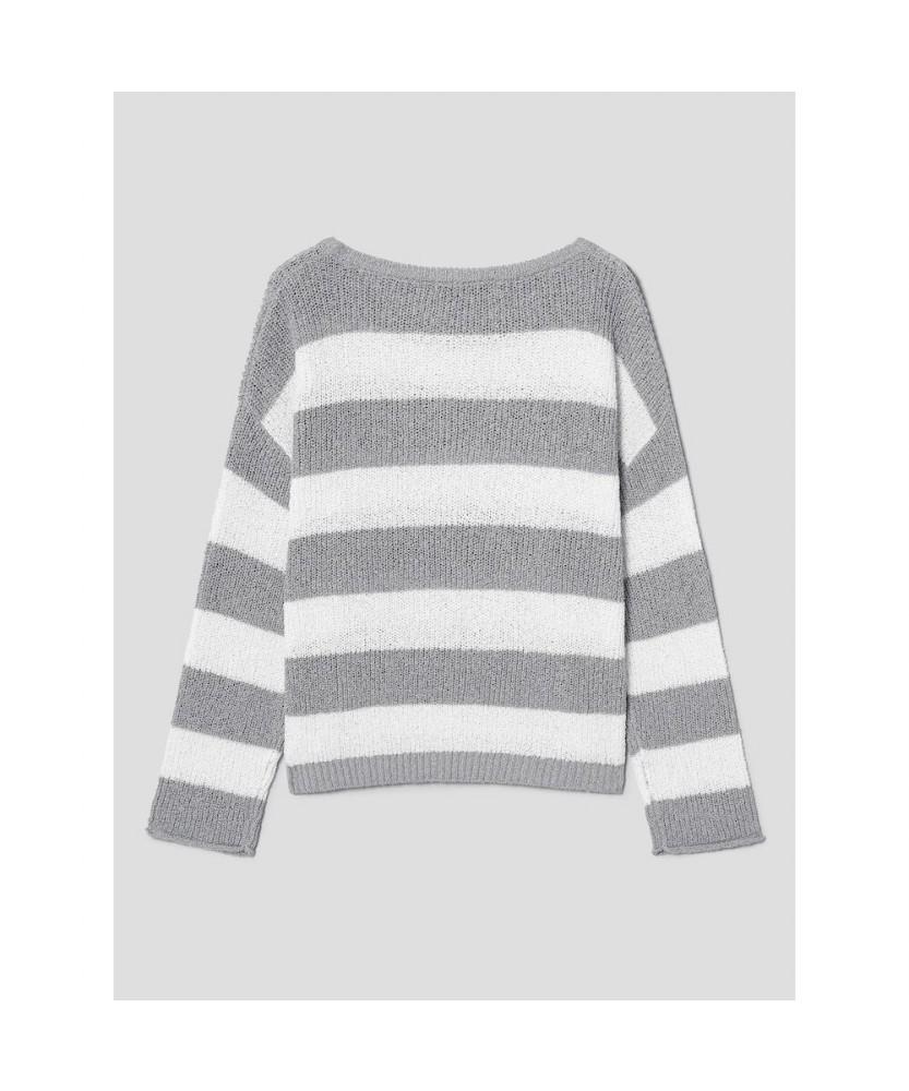 8SECONDS Loose Fit Striped Boat Neck Pullover Light Gray
