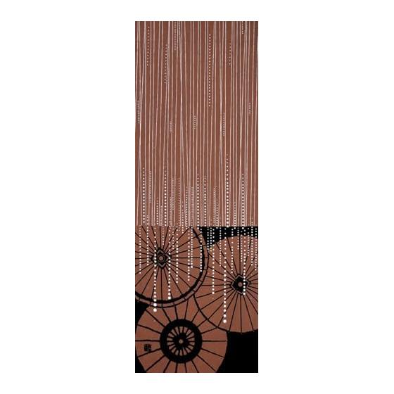 Sen no Anbo Tenugui "Umbrella and Rain" Red-Brown, Hand-Dyed 100% Cotton, Tokuoka Fabric, Made in Japan, 35cm x 100cm