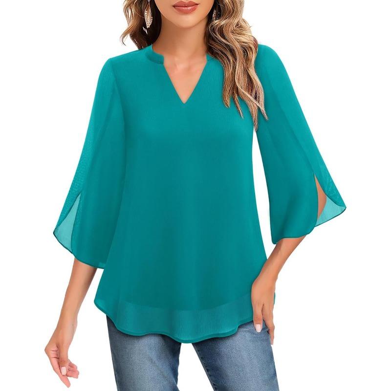 Fashion Loose Casual Summer Chiffon Blouse Women Loose V-neck Shirt Elegant Short Sleeve Solid Color Top Office Ladies Female Basic Women's Clothing