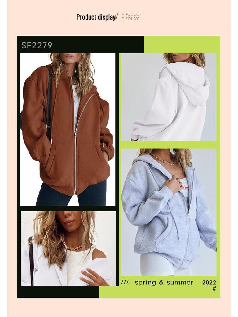 2023 Trendy Women's Solid Color Zipper Hooded Cardigan Jacket with Pockets