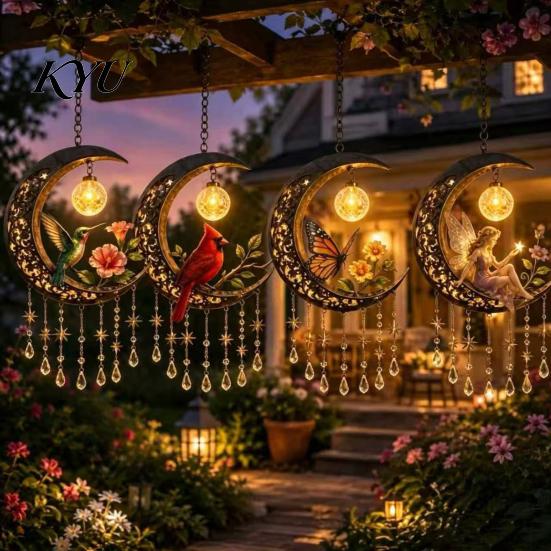 Crystal Tassel Hanging Decor Fairy Moon Wind Chime Pendant, Acrylic Ornament with Star Whimsical Forest & Decors for Garden Balcony Patio, Outdoor