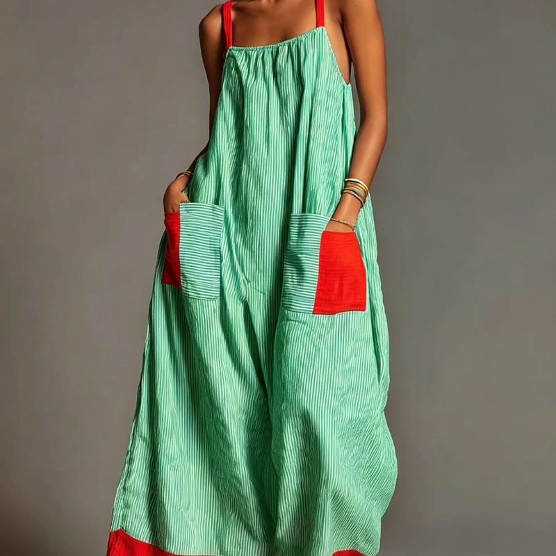Europäischer Stil Gestreiftes High-End Spaghettiträger Maxikleid Sommer Elegant Urlaub Damenbekleidung